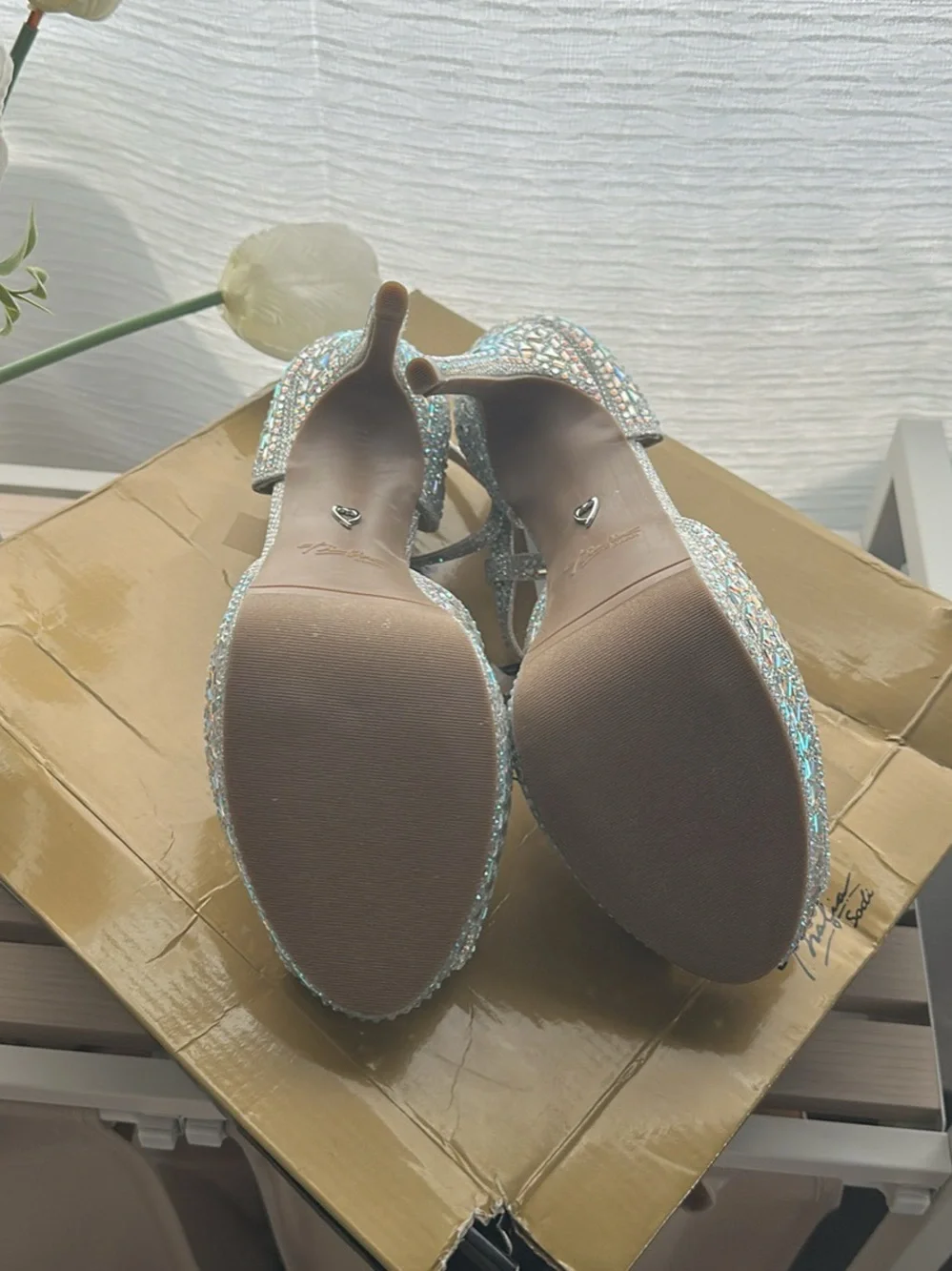 Thalia Sodi Silver Crystal T-Strap Heels